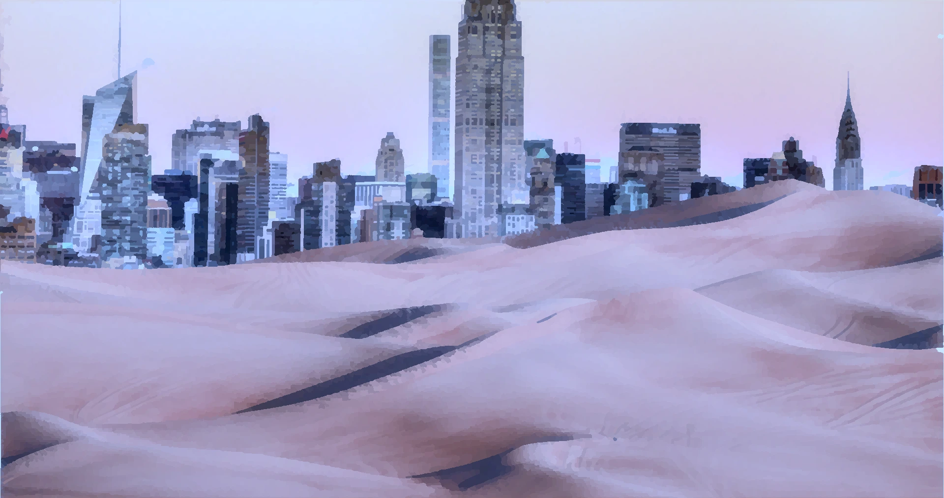 photomontage représentant une ville avec de hauts gratte-ciel en arrière plan, des dunes de sable en avant plan ettrois moto de type différent réparties sur ce paysage